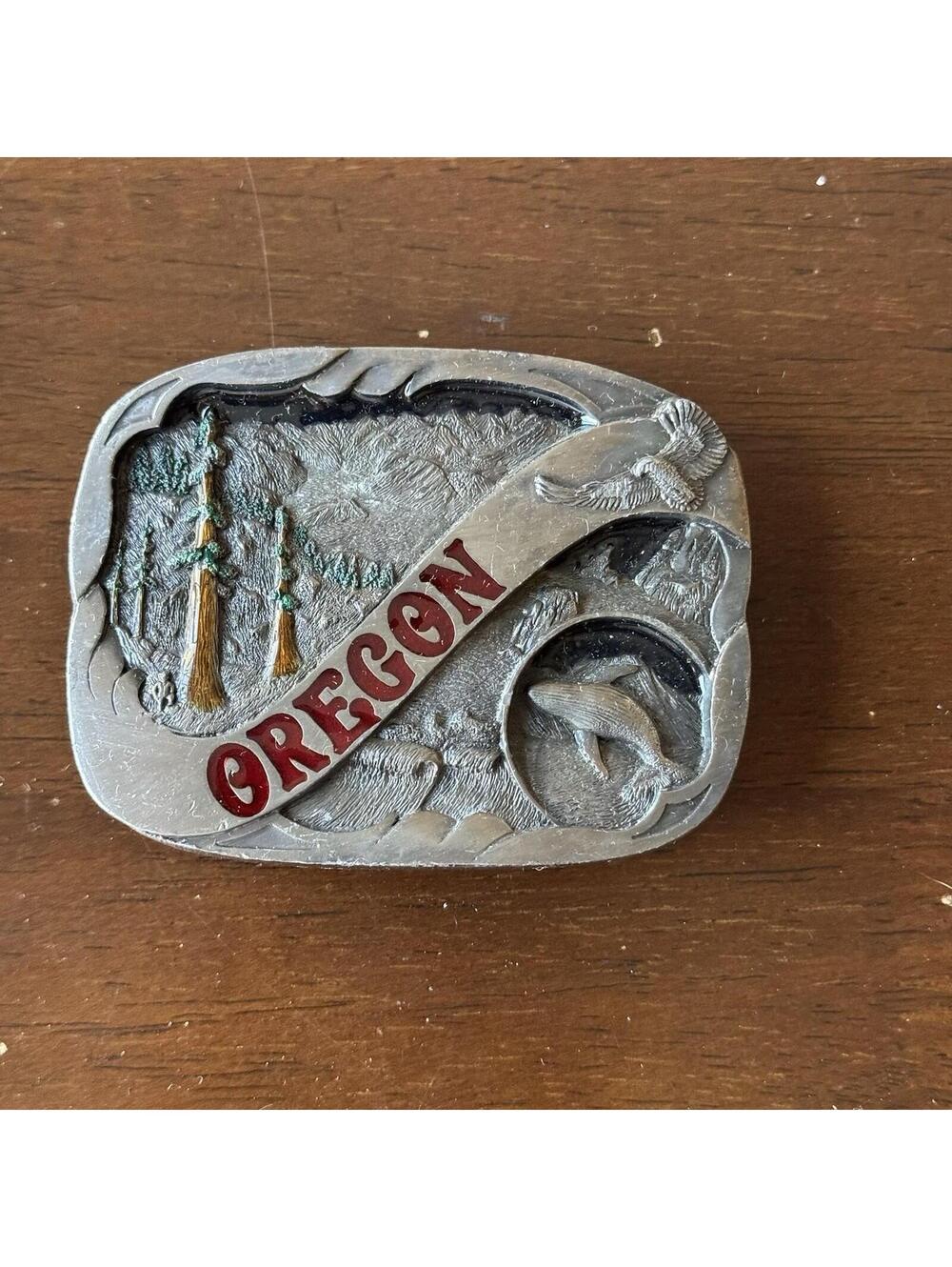 Vintage 80s Oregon Pewter Belt Buckle Bergamot Brass Works